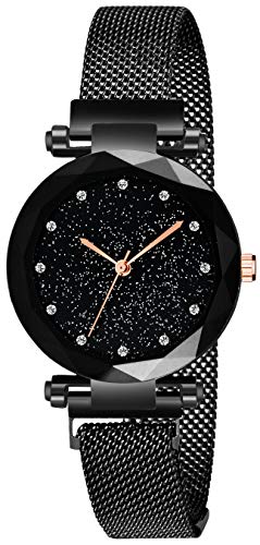 Acnos® Premium Black Round Diamond Dial with Latest Generation Black Magnet Belt Analogue Watch for Women Pack of - 1 (DM-BLACK05)