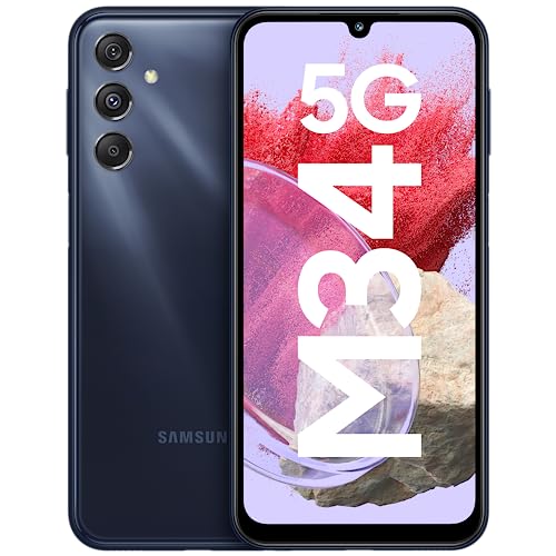 Samsung Galaxy M34 5G (Midnight Blue, 8GB, 128GB Storage) | 120Hz sAMOLED Display | 50MP Triple No Shake Cam | 6000 mAh Battery | 16GB RAM with RAM Plus | Android 13 | Without Charger