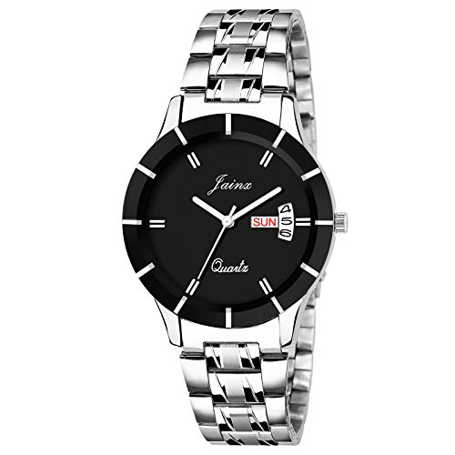 jainx Day & Date Feature Analogue Women Watch (Black Dial Silver Colored Chain)