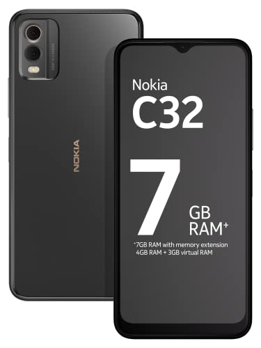 Nokia C32 with 50MP Dual Rear AI Camera | Toughened Glass Back | 4GB RAM, 64GB Storage | Upto 7GB RAM with RAM Extension | 5000 mAh Battery | 1 Year Replacement Warranty | Android 13 | Charcoal