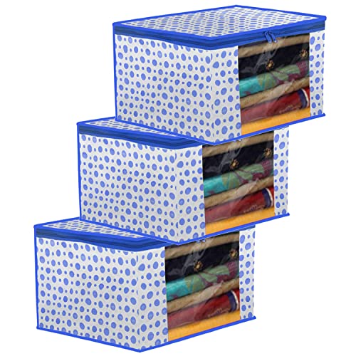 Kuber Industries Foldable Saree Covers With Zip|Polka Dots Wardrobe Organizer For Clothes|Transparent Window Keep 8 To 10 Saree|Suitable for Lehenga, Suit, Dress|Pack of 3 (Blue & White)