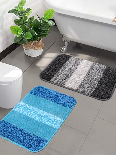 SARAL HOME EASY LIVING Saral Home Microfiber Striped Anti-Skid Set Of 2 Bathmats (Turquoise & Black,35X50 Cm, Rectangular)