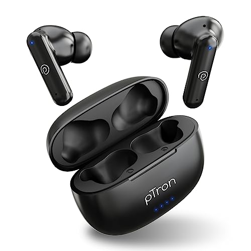 pTron Bassbuds Zen In-Ear TWS Earbuds with Quad Mic TruTalk ENC Calls, 50Hrs Playtime, Bluetooth 5.3 Headphone with Mic, Deep Bass, Game/Music Modes, Touch Control, Type-C Fast Charging & IPX4 (Black)